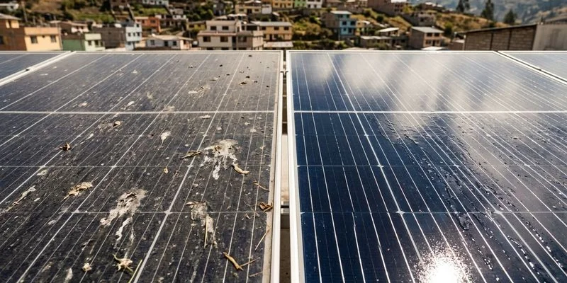 Comparación visual de panel solar sucio vs panel solar limpio mostrando diferencia de rendimiento